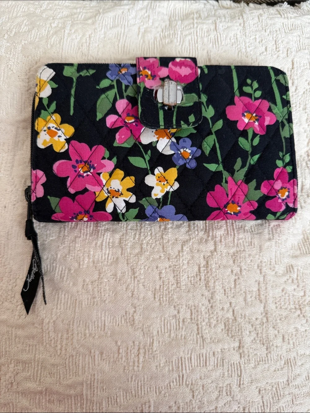 Vera Bradley Black Quilted Floral Wristlet Wallet with Pink & Yellow Blooms
